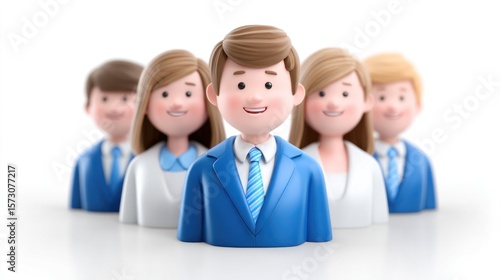 Five cartoon characters in formal clothing are standing together in a friendly manner. They appear joyful and approachable, conveying a sense of teamwork and professionalism