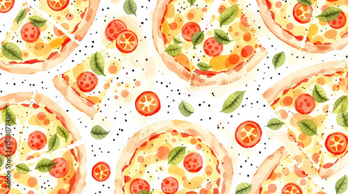Seamless watercolor pattern featuring isolated pizza slices on a clean white background ideal for fast food and Italian cuisine designs	