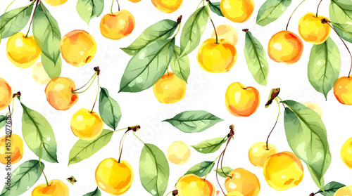Watercolor background pattern yellow cherries on white background
