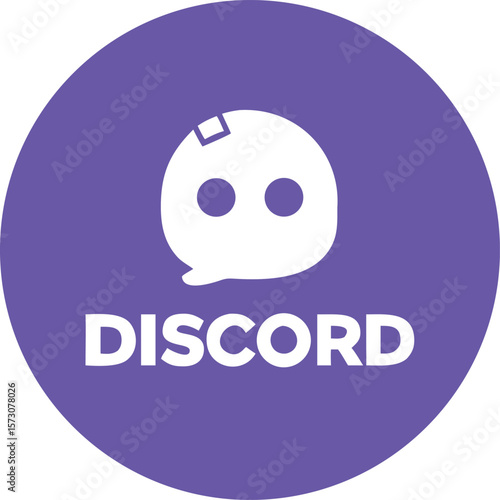 Vector art of the discord logo, featuring a friendly white mascot and text, is presented on a vibrant purple circle
