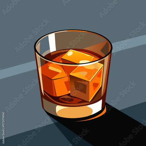 Glass of Whiskey with Ice Cubes on Dark Surface