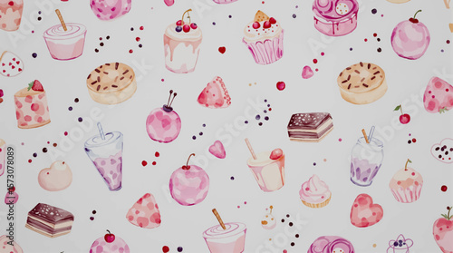 Watercolor Sweet desserts pattern on white background
