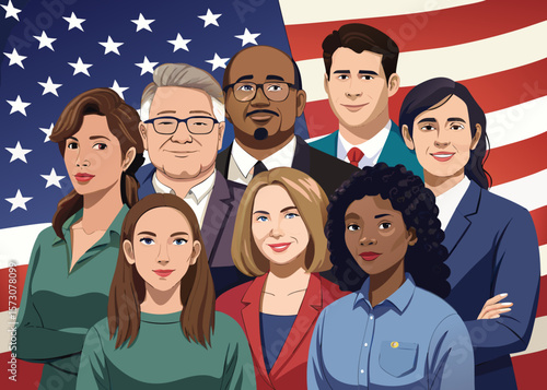 Diverse Group of American Politicians in Front of the US Flag