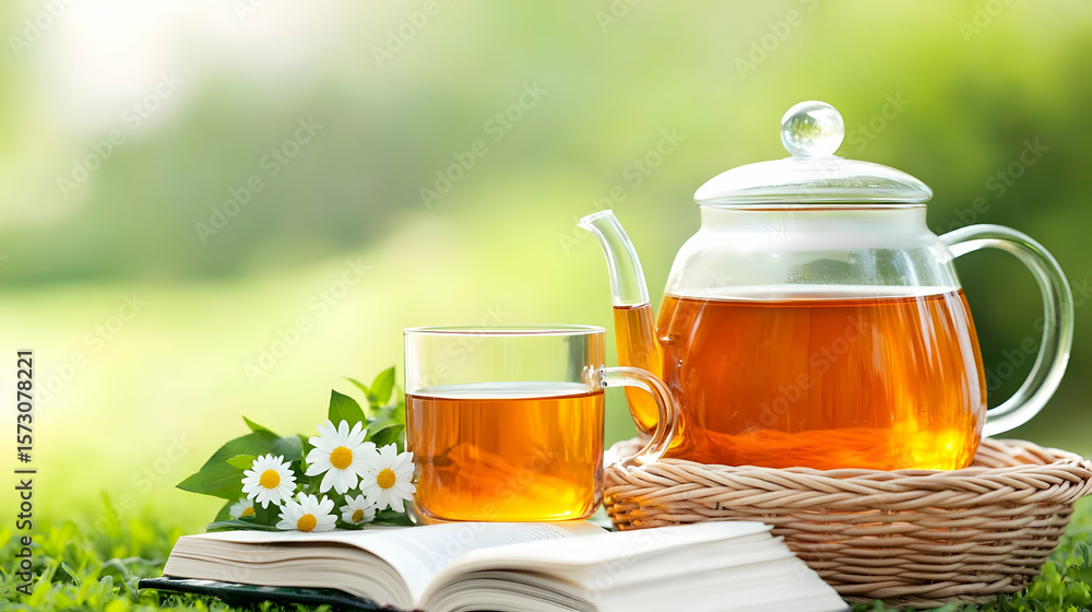 Chamomile flowers in basket, book, glass teapot and cup with herbal tea on table in garden, natural abstract green background. summer season. relax time. useful calming tea Chamomile flowers in basket, book, glass teapot and cup with herbal tea on table in garden, natural abstract green background. summer season. relax time. useful calming tea