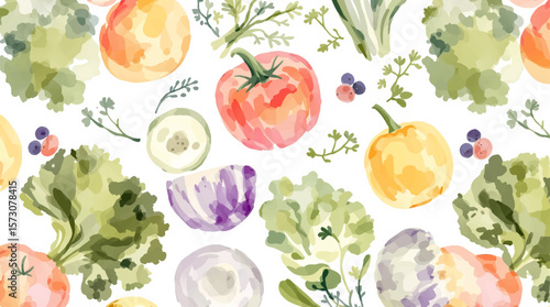 Vibrant watercolor broccoli and greens pattern for fresh produce designs	