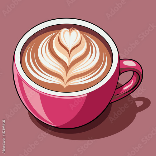 Aromatic Latte Coffee in Pink Cup with Heart Design