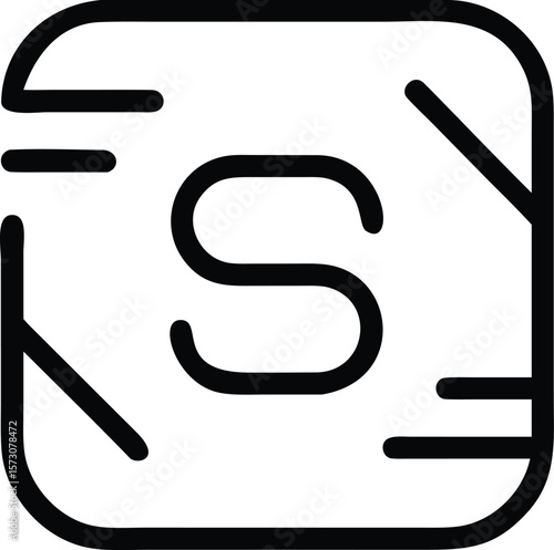 Vector art of a bold, black letter s icon is presented within a clean square frame