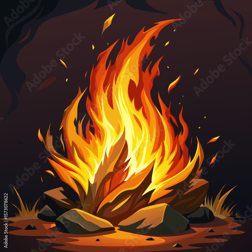Bright Campfire Burning in the Dark Night