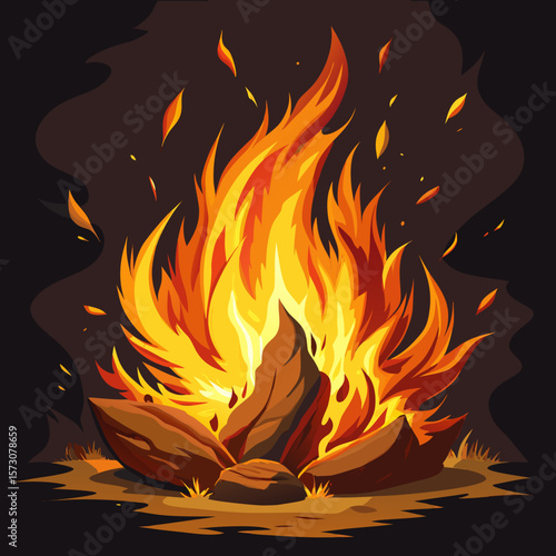 Fiery Campfire Illustration with Rocks and Embers at Night
