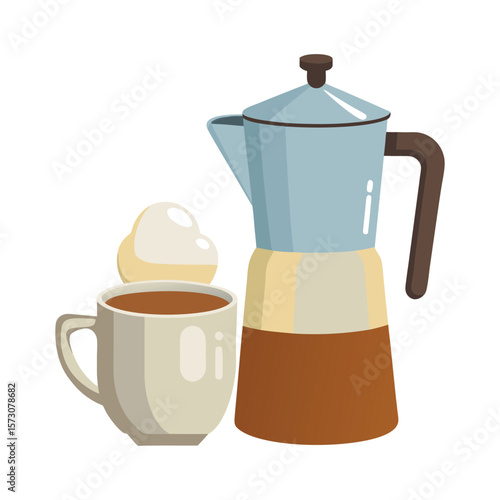 Hot coffee brewed in a classic moka pot with creamy foam in a mug