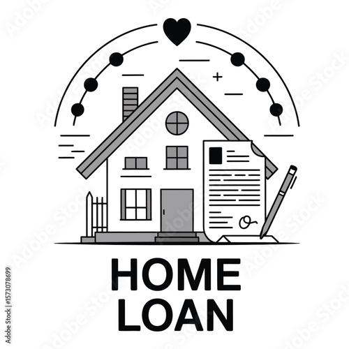 Black and white vector illustration of house and loan document symbolizing home loan agreement and mortgage approval concept