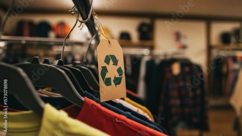 Sustainable fashion recycle symbol on clothing tag in retail rack