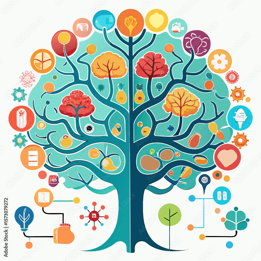 Fototapeta premium Colorful Abstract Tree of Life Concept with Diverse Icons