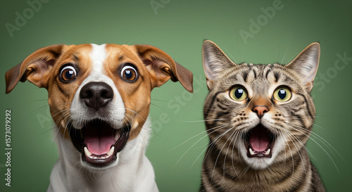 Wallpaper Mural Hilarious Ultra-Realistic Studio Portrait of a Shocked Cat and Excited Dog with Exaggerated Expressions on a Green Screen Background – Perfect for Humor, Pet Ads, or Meme Templates Torontodigital.ca