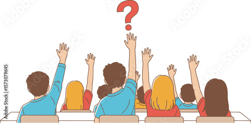 Classroom students raising hands asking questions education learning concept