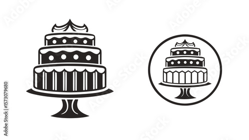 Elegant three tiered cake on a pedestal with a decorative top and a circular emblem