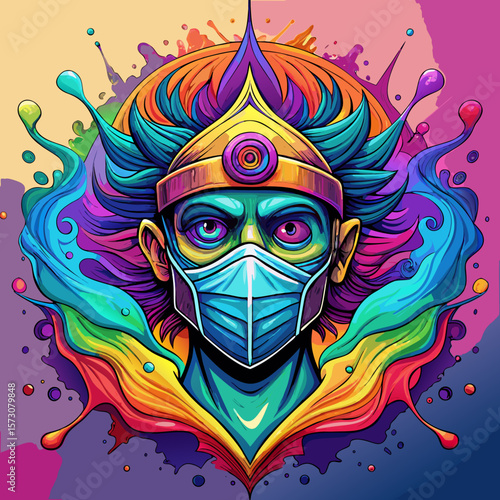 Colorful Stylized Portrait of a Protector Wearing a Mask