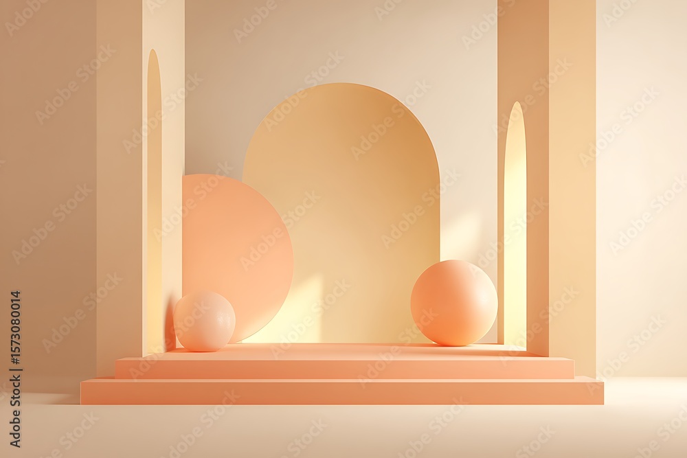 Fototapeta premium Minimalist orange podium with geometric shapes for product display in a modern studio