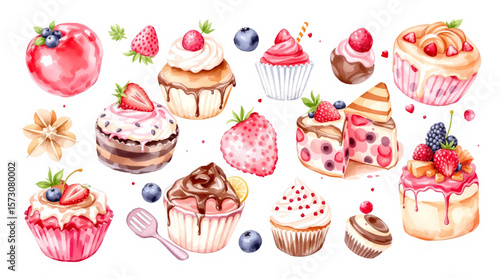 Watercolor Sweet desserts pattern on white background
