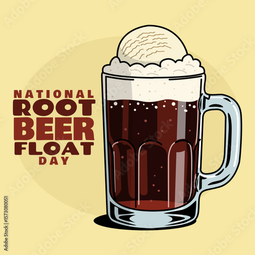 National Root Beer Float Day to celebrate on August 6th. A glass of root beer soda topped with vanilla ice cream on a bright yellow background. Drink even banner.