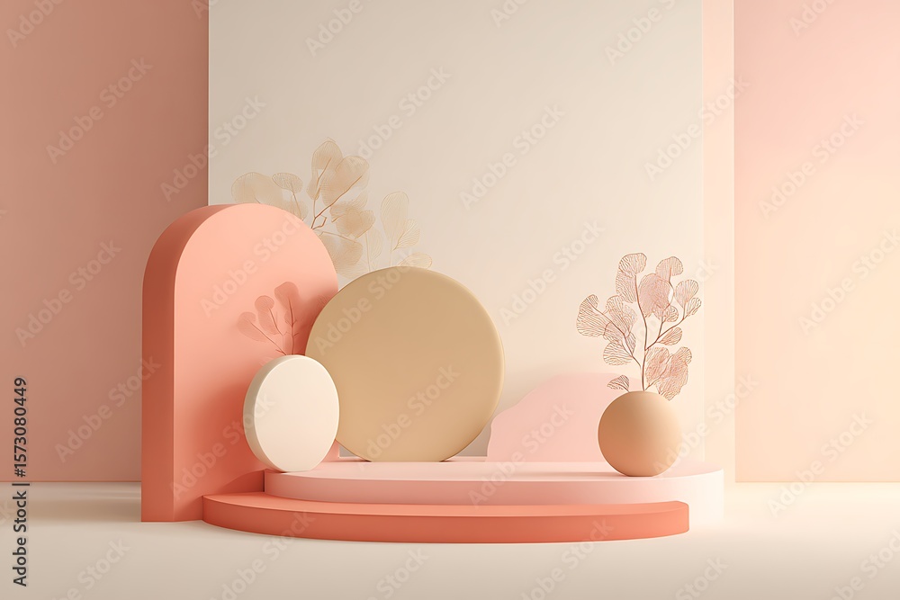 Fototapeta premium Elegant peach podium with geometric shapes, vase, and plant for product presentation display