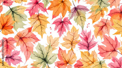 Watercolor background pattern autumn leaves on white background