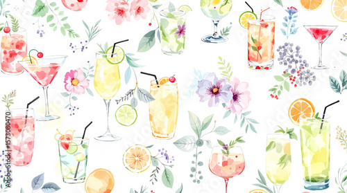 Vibrant watercolor illustration of various tropical cocktails with umbrellas and fresh fruit	