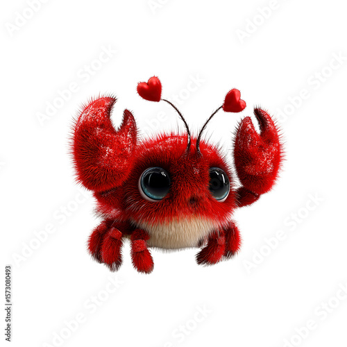 Adorable Fluffy Red Crab with Hearts - Cute Cartoon Character Illustration
