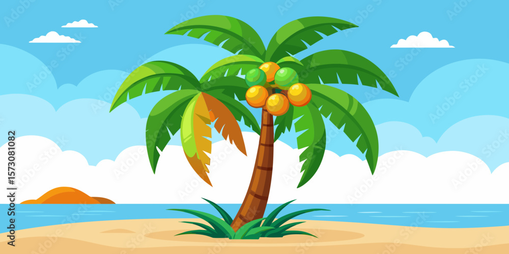 Fototapeta premium Tropical Palm Tree on Sandy Beach with Ocean View