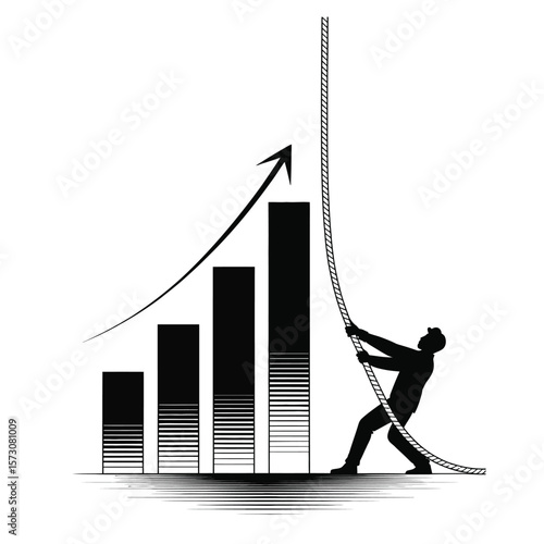 Black and white vector of person pulling bar chart upward with rope to symbolize growth, progress, and determined effort