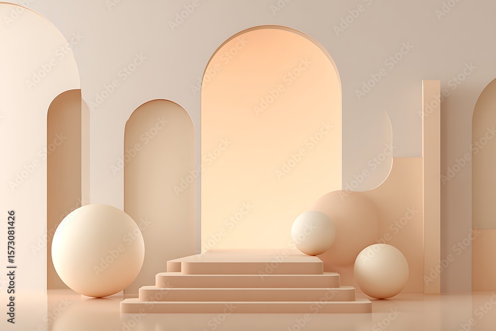 Obraz premium Elegant beige podium with arches and spheres creates a clean and modern presentation stage