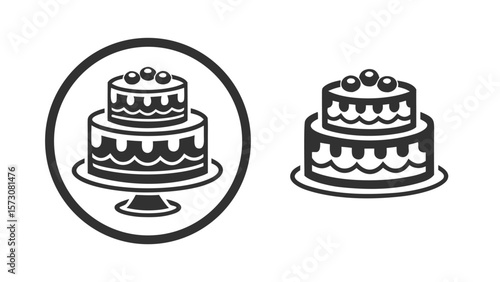 Two black and white icons of a two tiered cake with berries on top