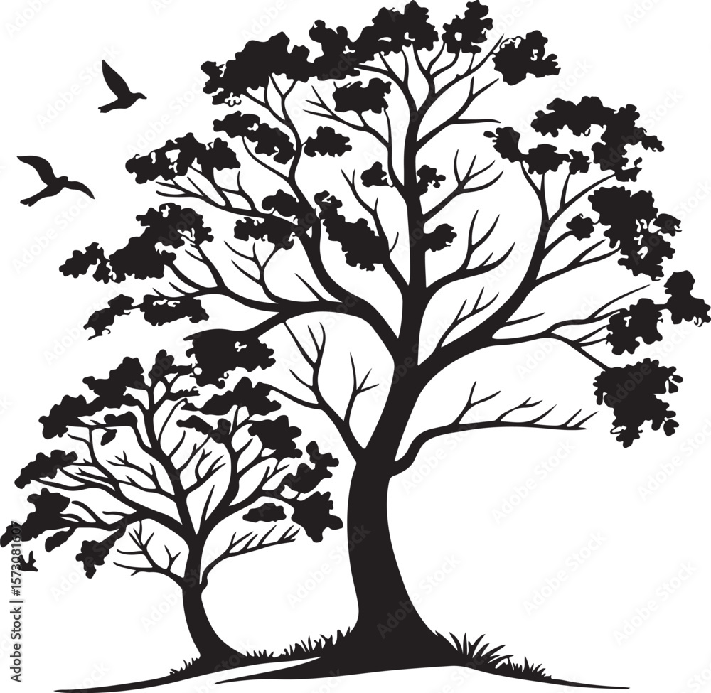 Obraz premium Beautiful silhouette of two trees with detailed leaves and flying birds in harmony. Symbol of nature, freedom, and peaceful landscape art. Perfect for eco, outdoor, and environment design themes.
