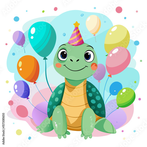 Adorable Turtle Celebrates Birthday with Colorful Balloons