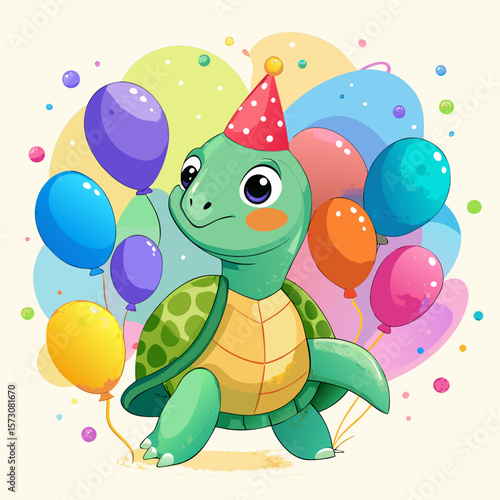 Cute Turtle Celebrates Birthday with Colorful Balloons