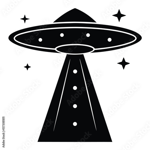 Black monochrome flying saucer emits a bright beam surrounded by stars with transparent background