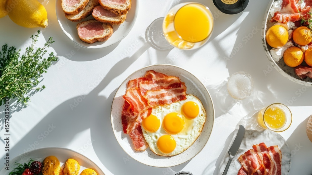 Bright sunny breakfast spread featuring fried eggs, crispy bacon, bread, orange juice, and various fruits on a white table, embodying a perfect weekend morning Bright sunny breakfast spread featuring fried eggs, crispy bacon, bread, orange juice, and various fruits on a white table, embodying a perfect weekend morning