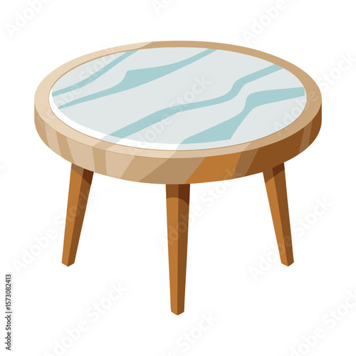 Modern round coffee table with wooden legs and abstract blue glass top