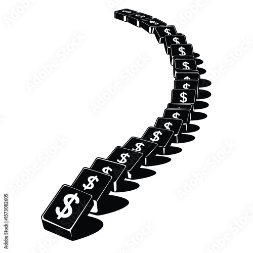 Falling dominoes with dollar signs recession metaphor black and white vector illustration