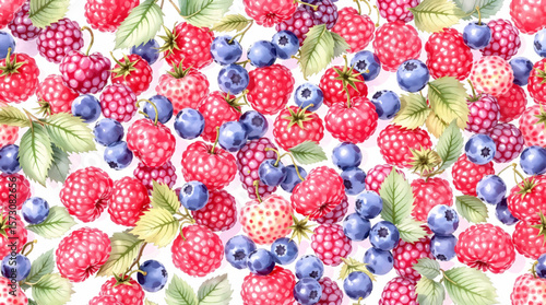 Seamless pattern of red, blue and purple berries on white background	