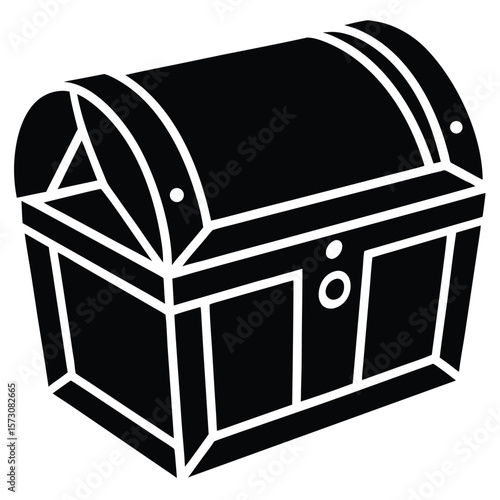 Black treasure chest silhouette looks old with a partially open lid, isolated