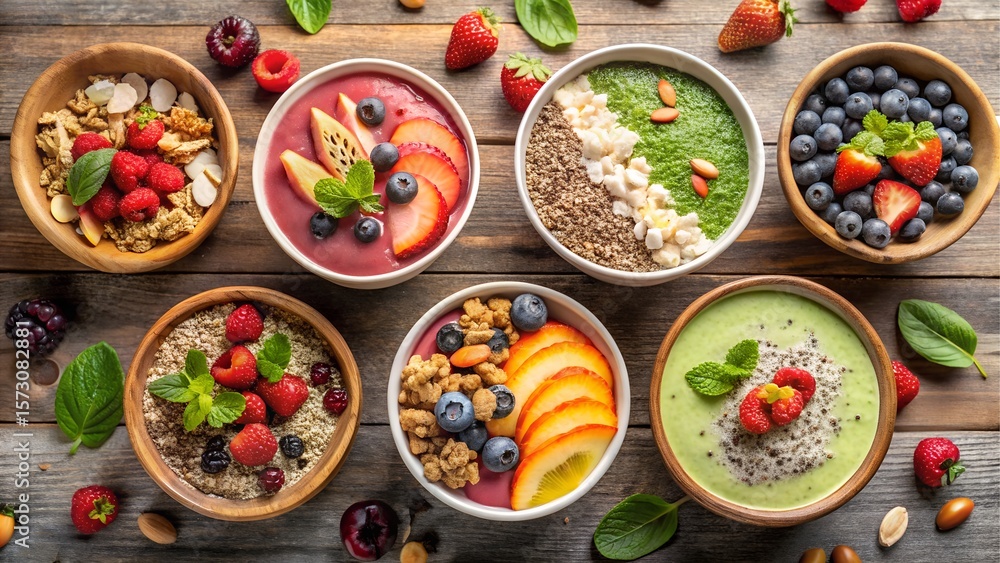 Variety of colorful smoothie bowls with fresh fruit and toppings Variety of colorful smoothie bowls with fresh fruit and toppings