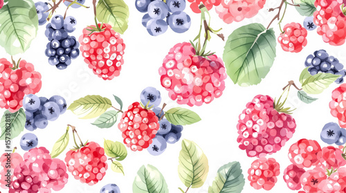 Watercolor pattern featuring raspberries white background	