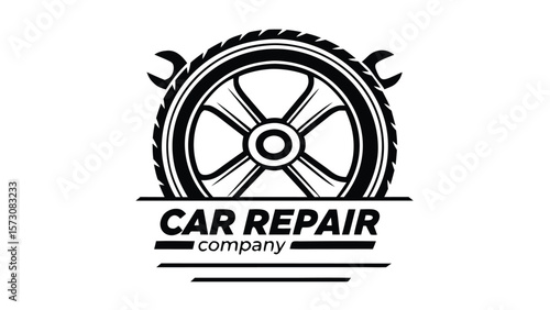 Car repair company logo featuring a tire and wrenches
