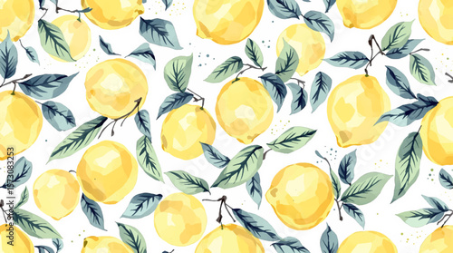 Lemon seamless border fruit illustration, cute citrus watercolor digital file on a white background close up