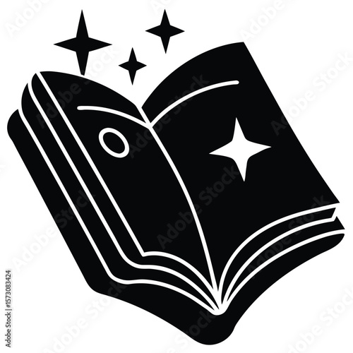 Open book emits shining stars, creating a magical atmosphere with transparent background