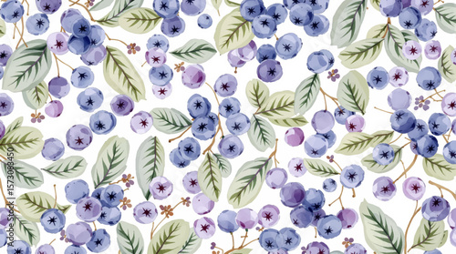 Seamless patterns with blueberries and bilberries in watercolor style on a white background