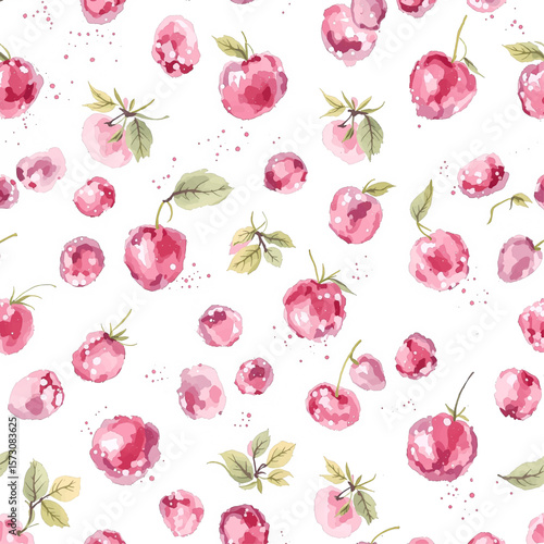 Watercolor pattern red cherries on white background seamless vector pattern