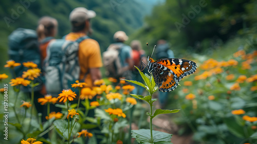 Wallpaper Mural Butterfly on wildflower with hikers in green forest Torontodigital.ca