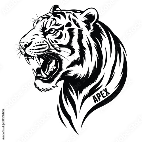 Roaring tiger head in bold black and white vector with intense eyes and detailed fur showcasing apex strength and primal power